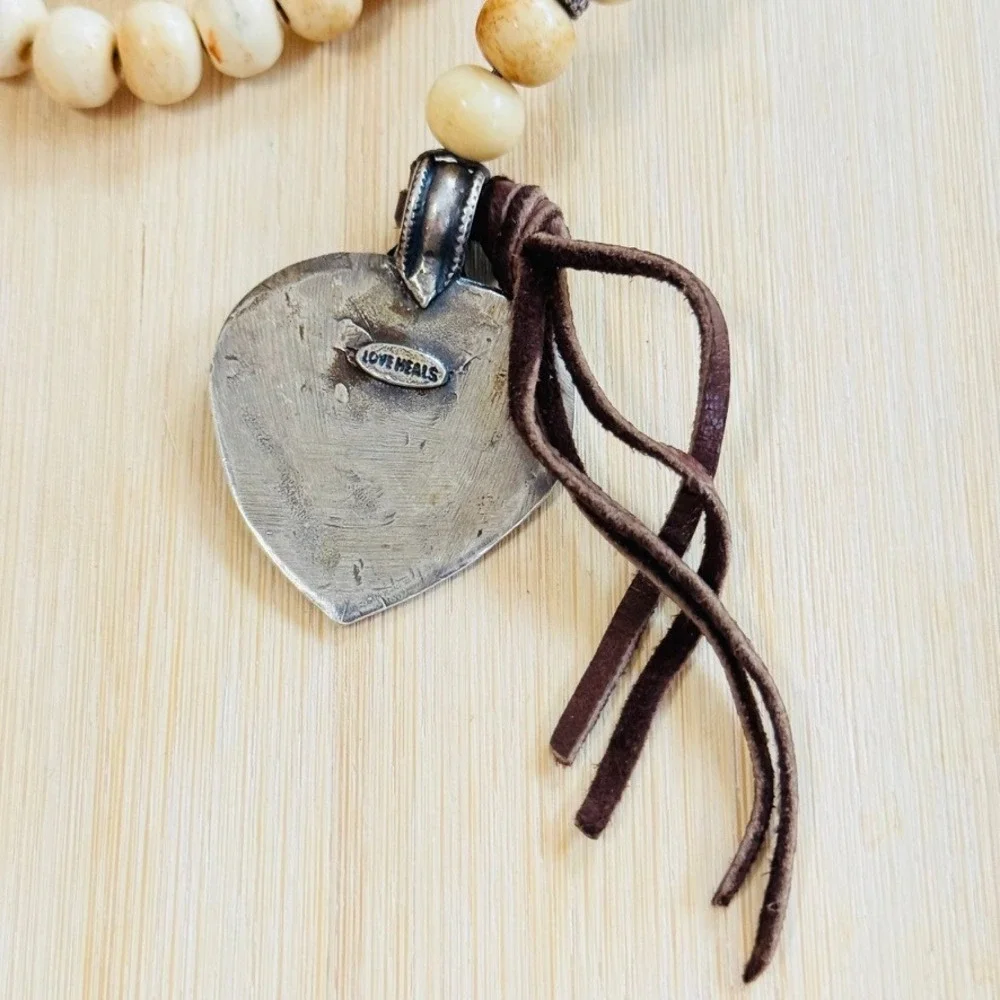 BOHO Y2K Peacock Heart necklace Silver Tone Long Beaded Statement Rare Indie 30
